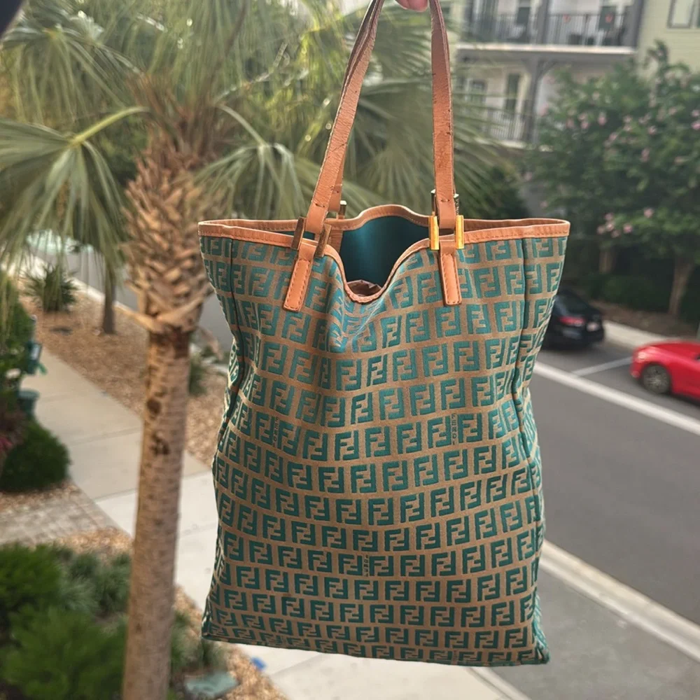 Fendi Zucchino Tote w/ Pouch – Rare Turquoise Monogram w/ COA - Picture 13 of 15